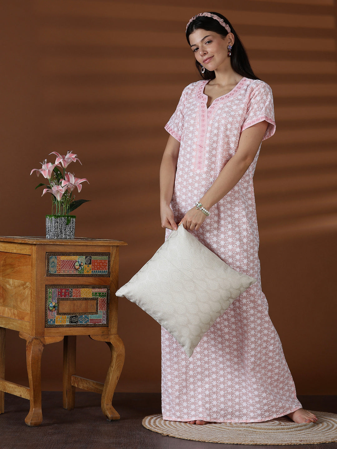 Peach soft cotton chikankari nighty for women worldwide