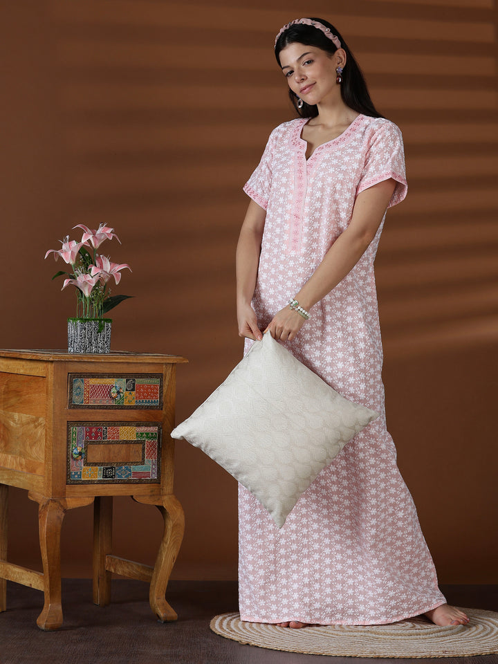 Peach soft cotton chikankari nighty for women worldwide