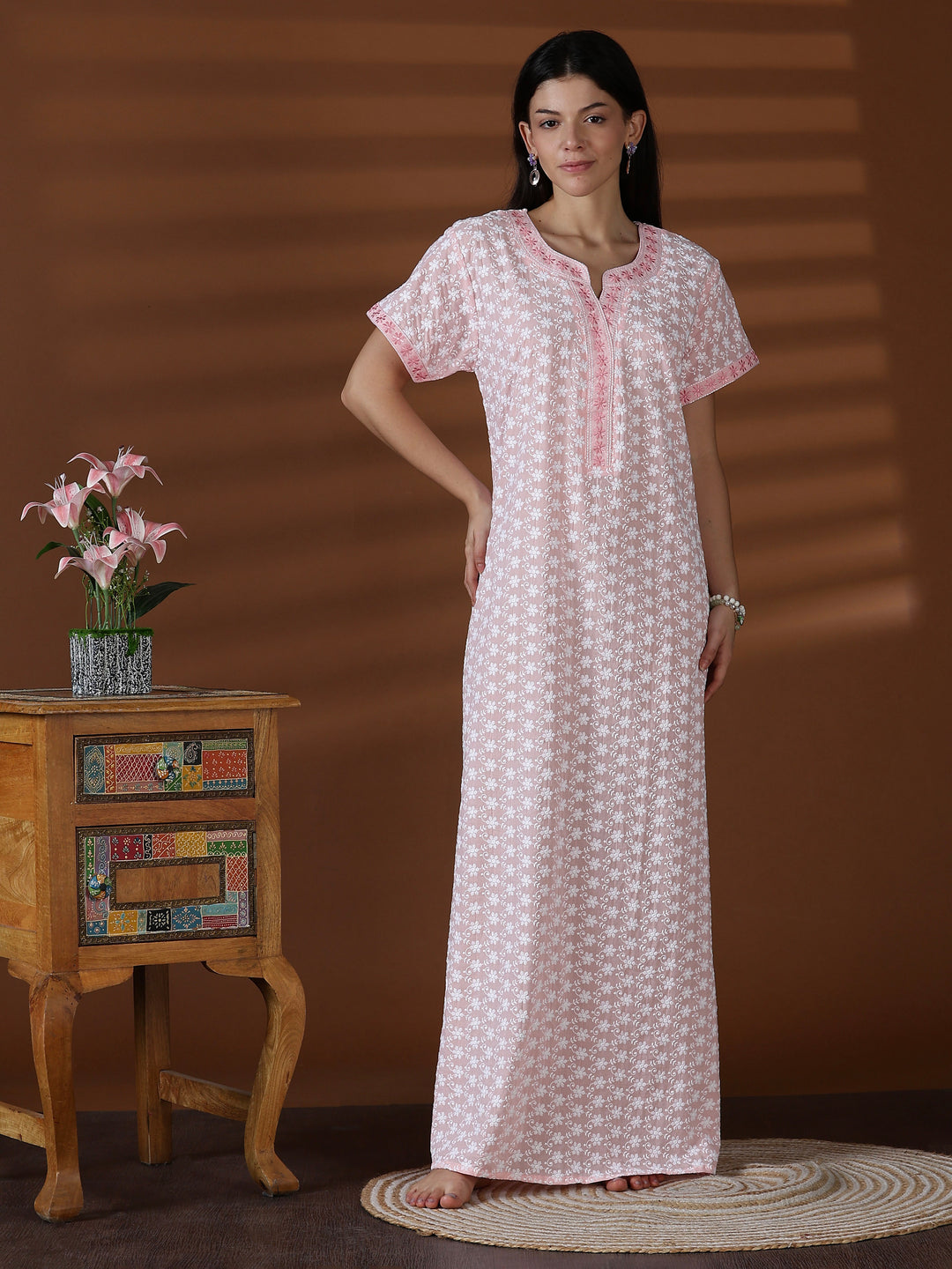 Peach soft cotton chikankari nighty for women worldwide