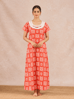 Pure Cotton Batik Print Nighty for Women with Embroidered Yoke