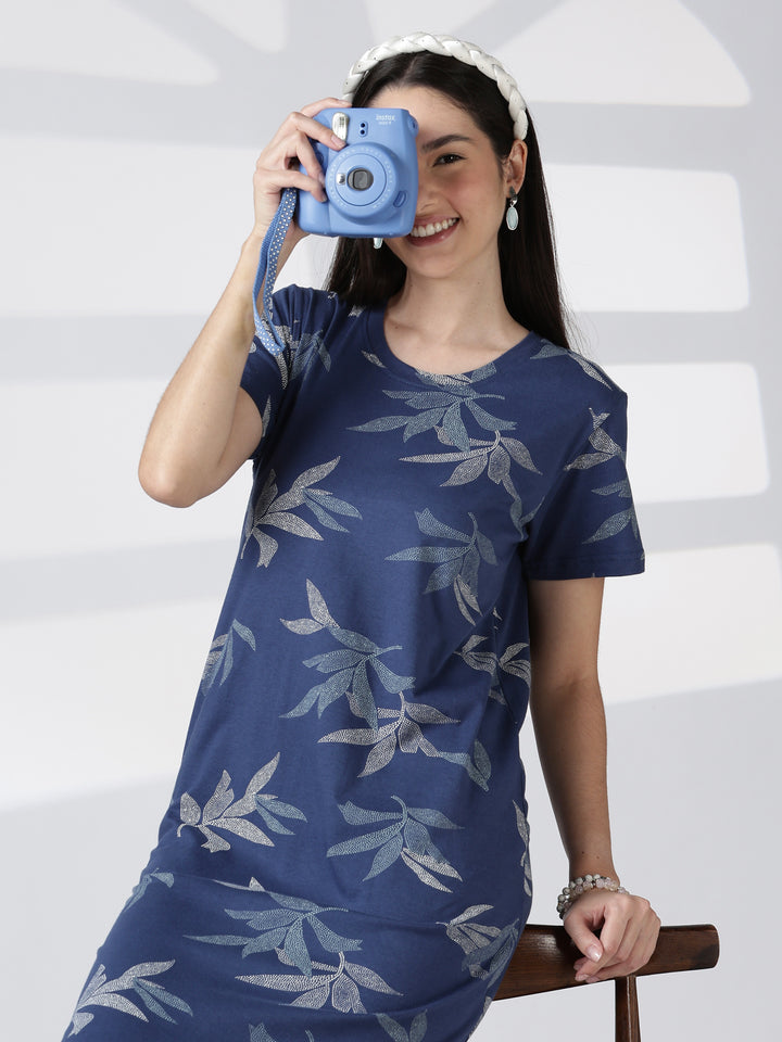 Blue leaf printed knee length nighty for women in soft fabric