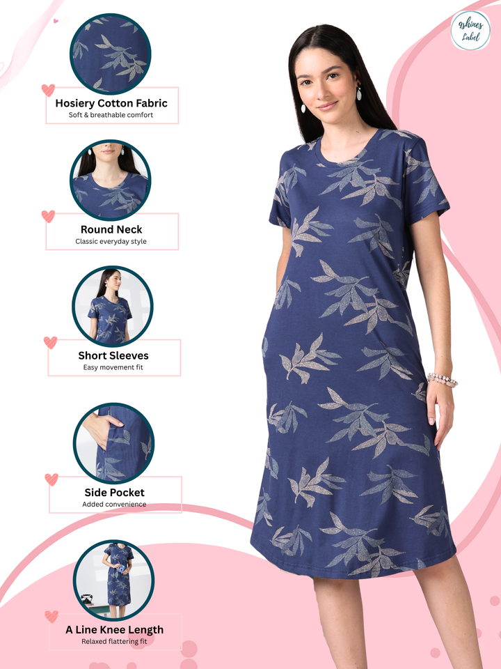Blue leaf printed knee length nighty for women in soft fabric