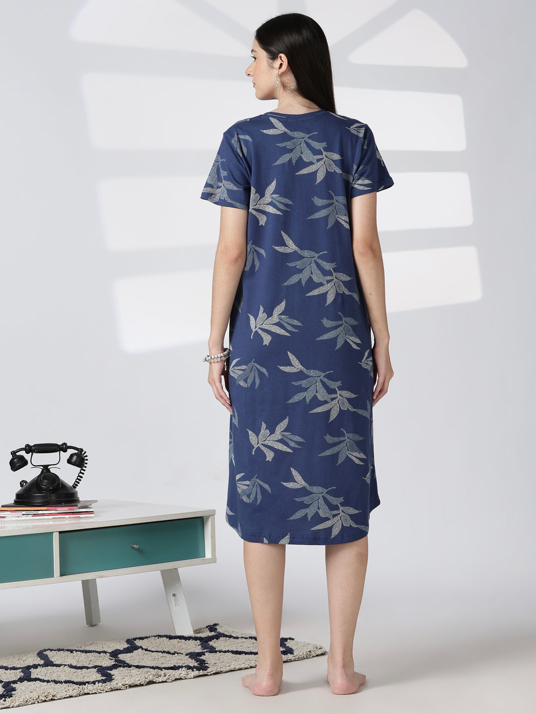 Blue leaf printed knee length nighty for women in soft fabric