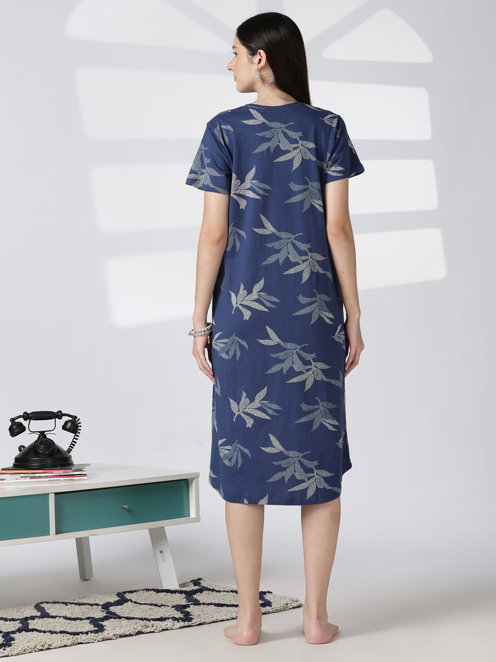 Blue leaf printed knee length nighty for women in soft fabric