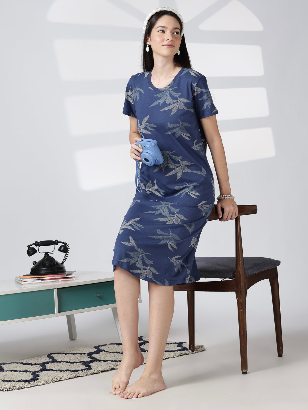 Blue leaf printed knee length nighty for women in soft fabric