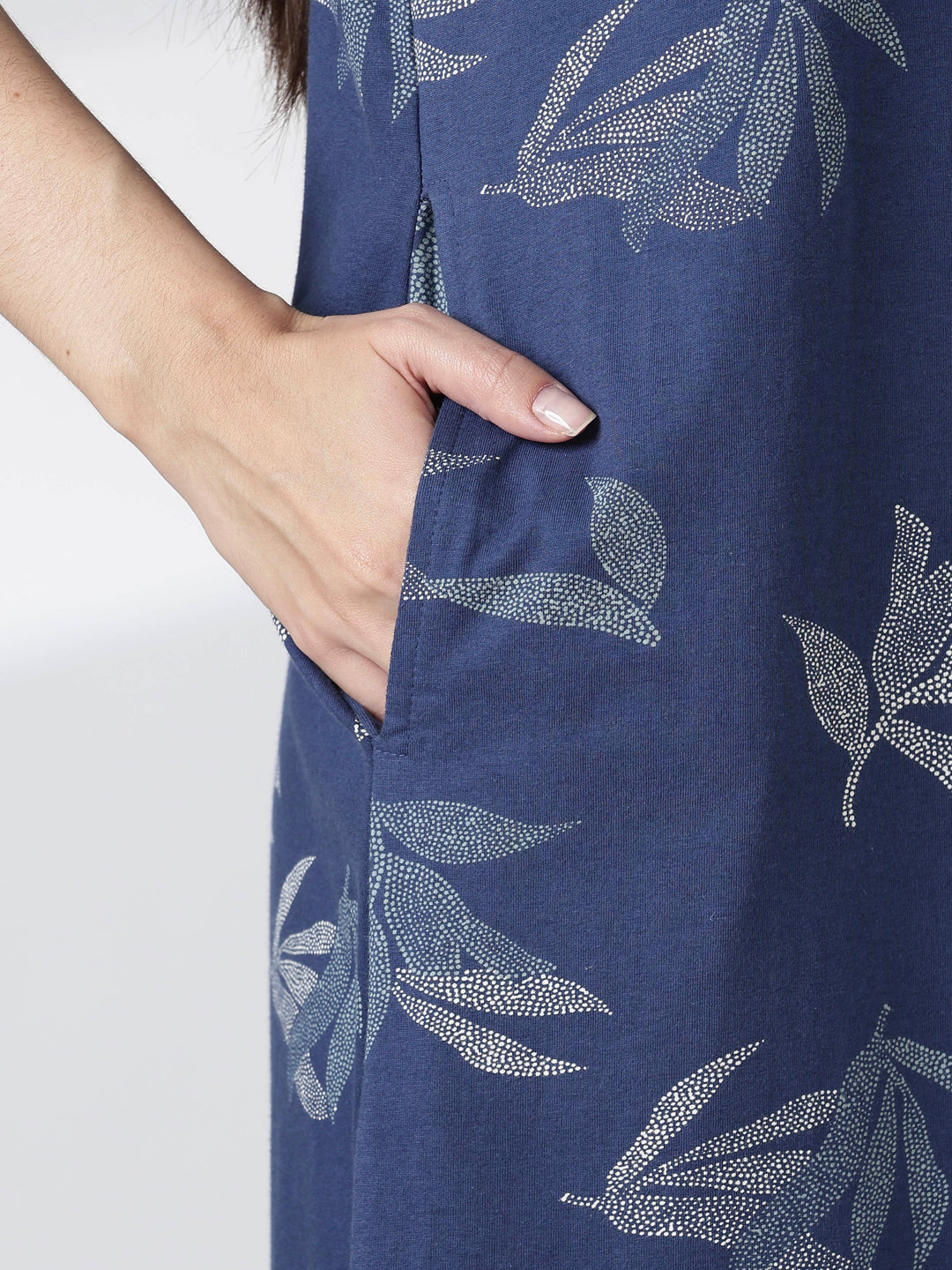 Blue leaf printed knee length nighty for women in soft fabric