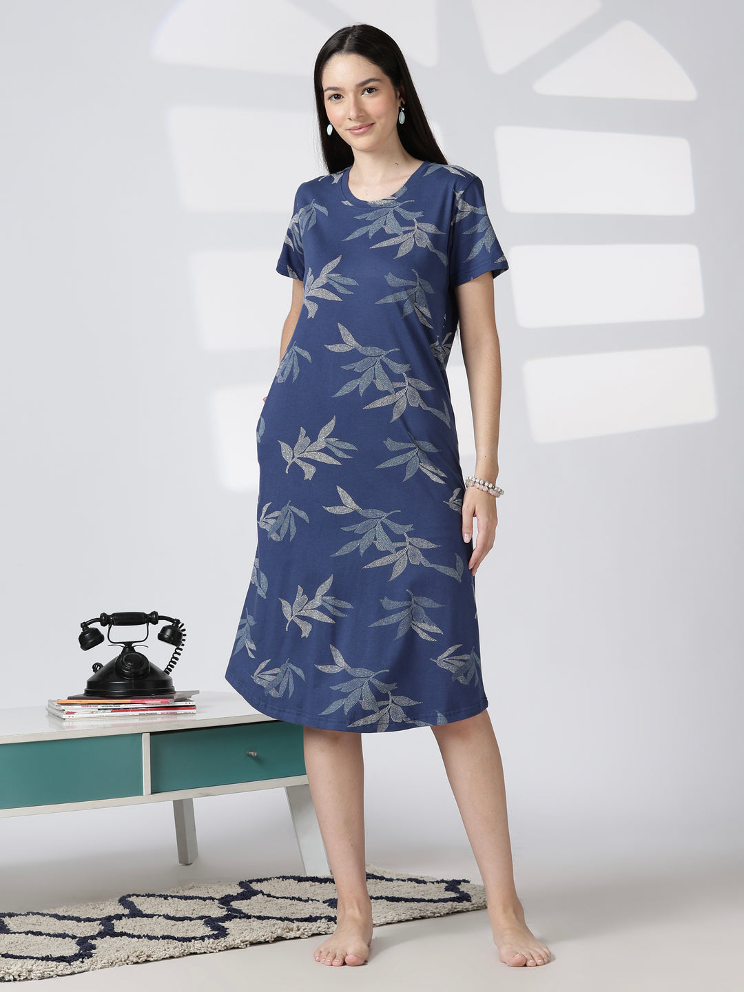 Blue leaf printed knee length nighty for women in soft fabric