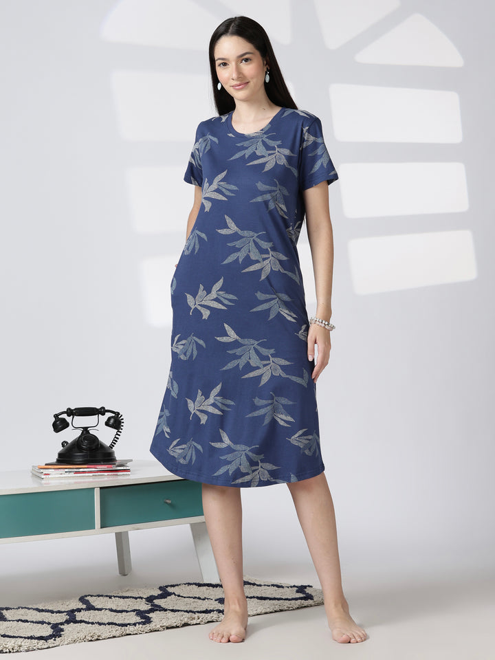 Blue leaf printed knee length nighty for women in soft fabric