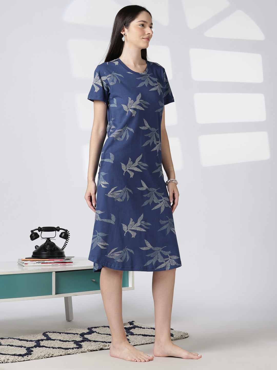 Blue leaf printed knee length nighty for women in soft fabric