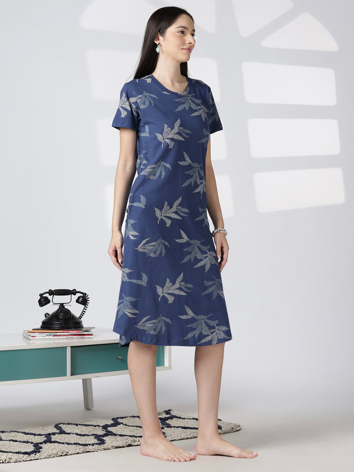 Blue leaf printed knee length nighty for women in soft fabric