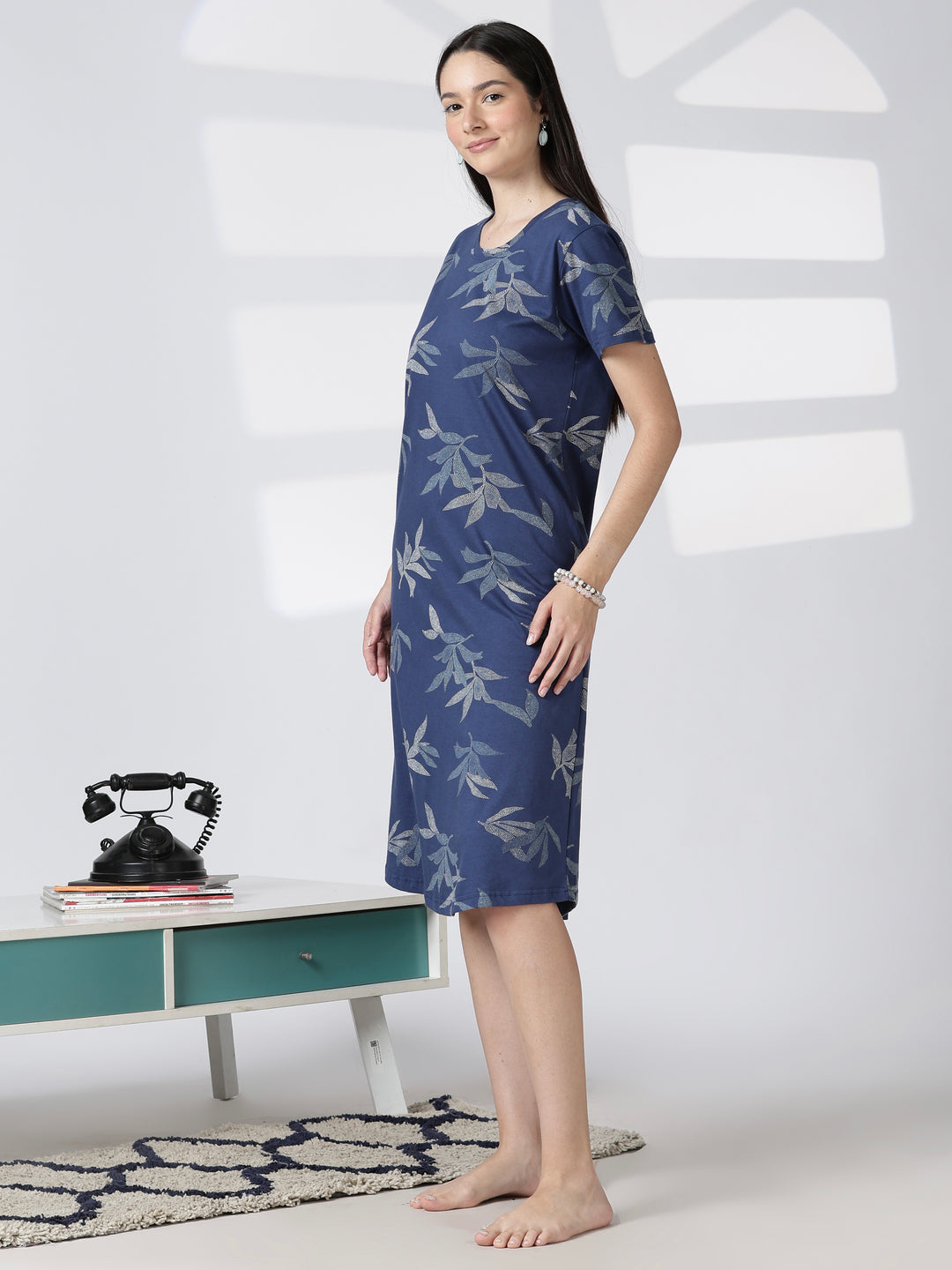 Blue leaf printed knee length nighty for women in soft fabric