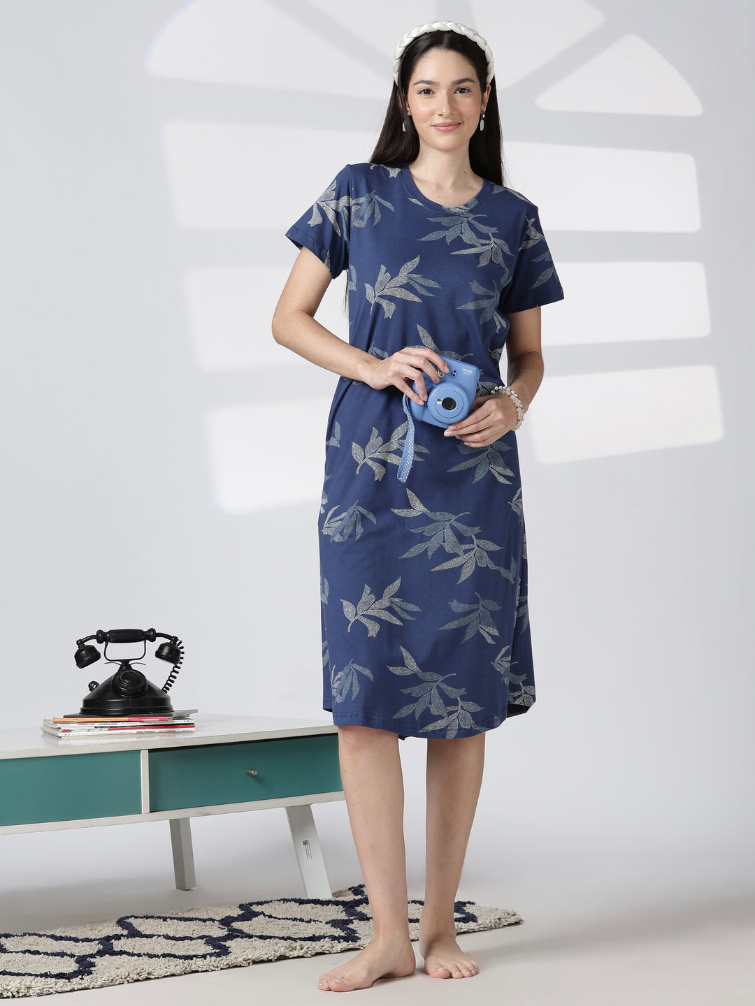 Blue leaf printed knee length nighty for women in soft fabric
