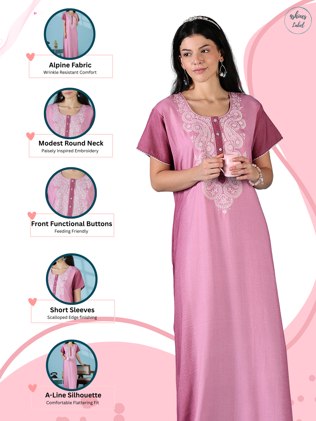 Whisper rose sleepwear for women in a soft night dress style.