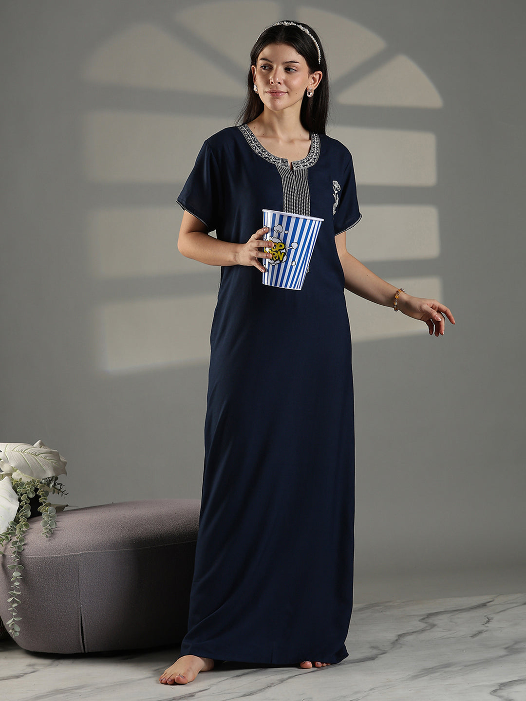 Navy cotton blend soft nightwear for women with embroidery