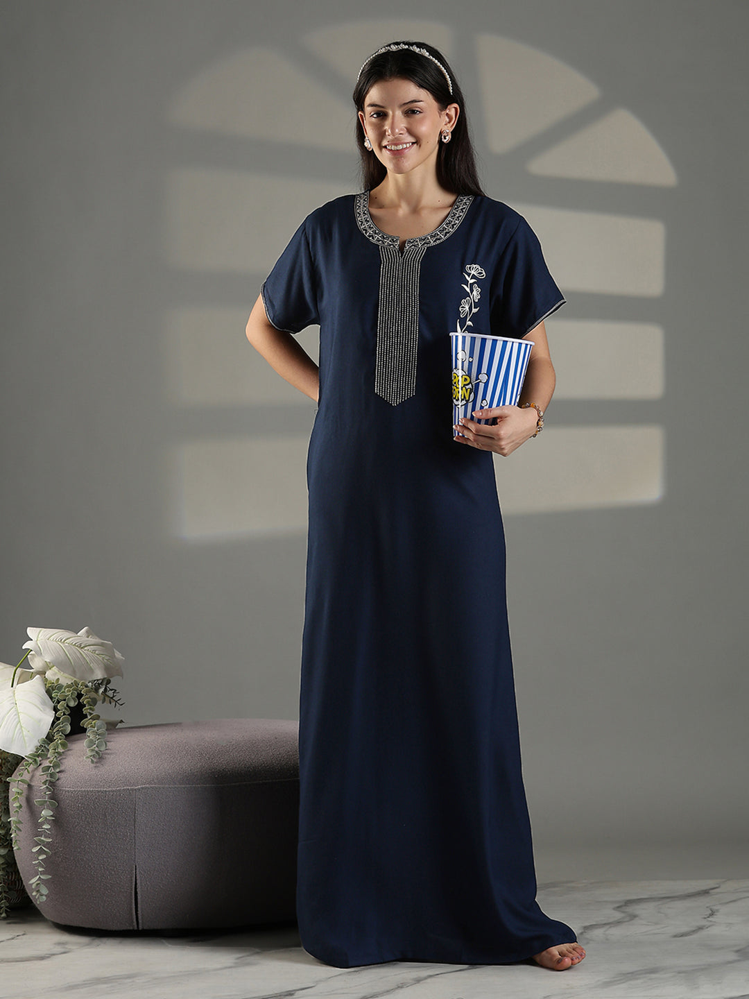 Navy cotton blend soft nightwear for women with embroidery
