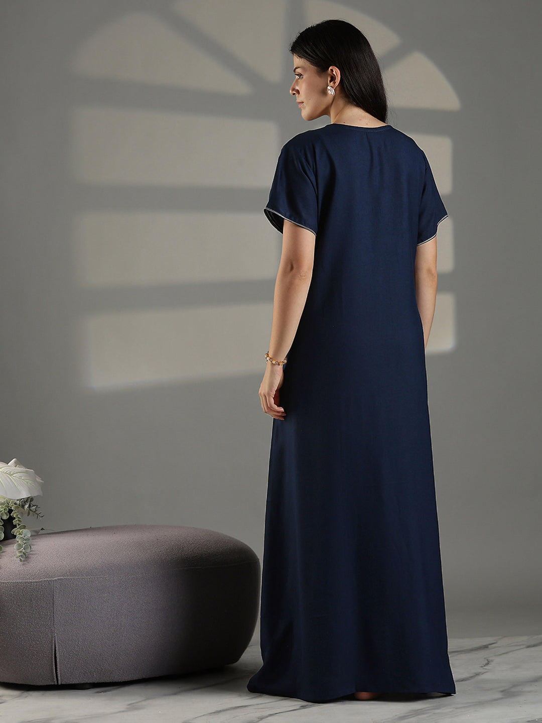 Navy cotton blend soft nightwear for women with embroidery