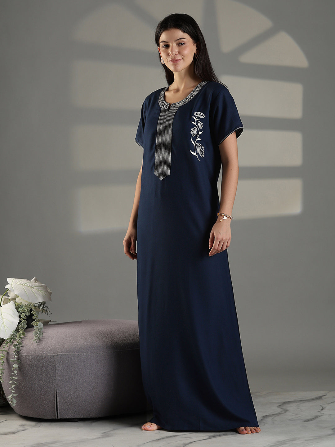 Navy cotton blend soft nightwear for women with embroidery