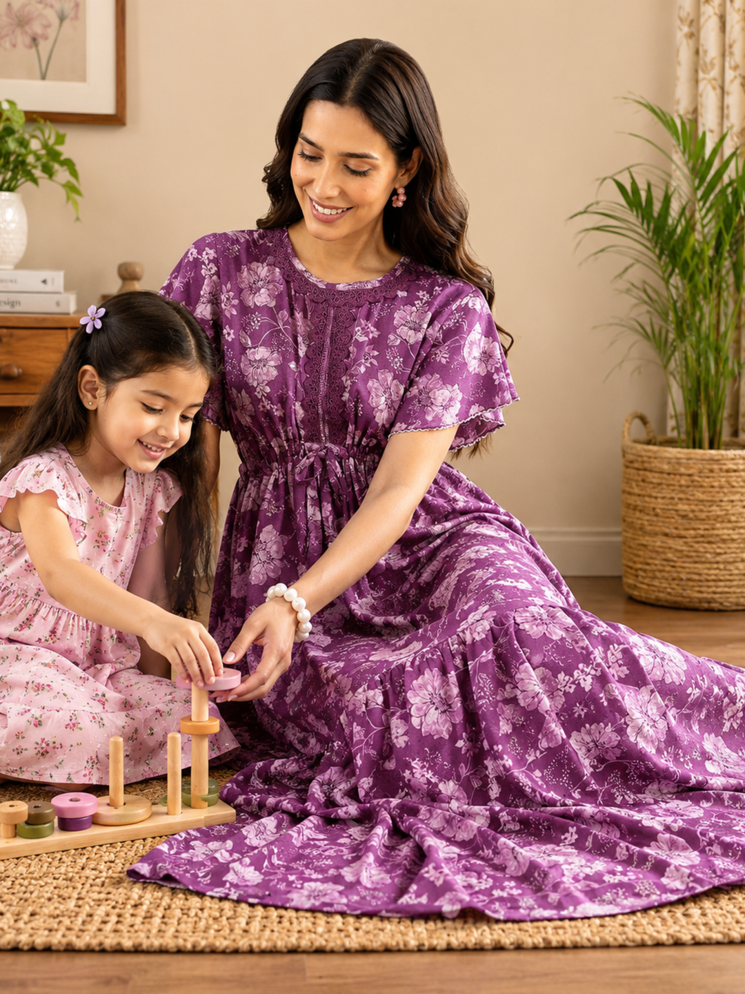 Orchid purple floral alpine frock style nighty for women