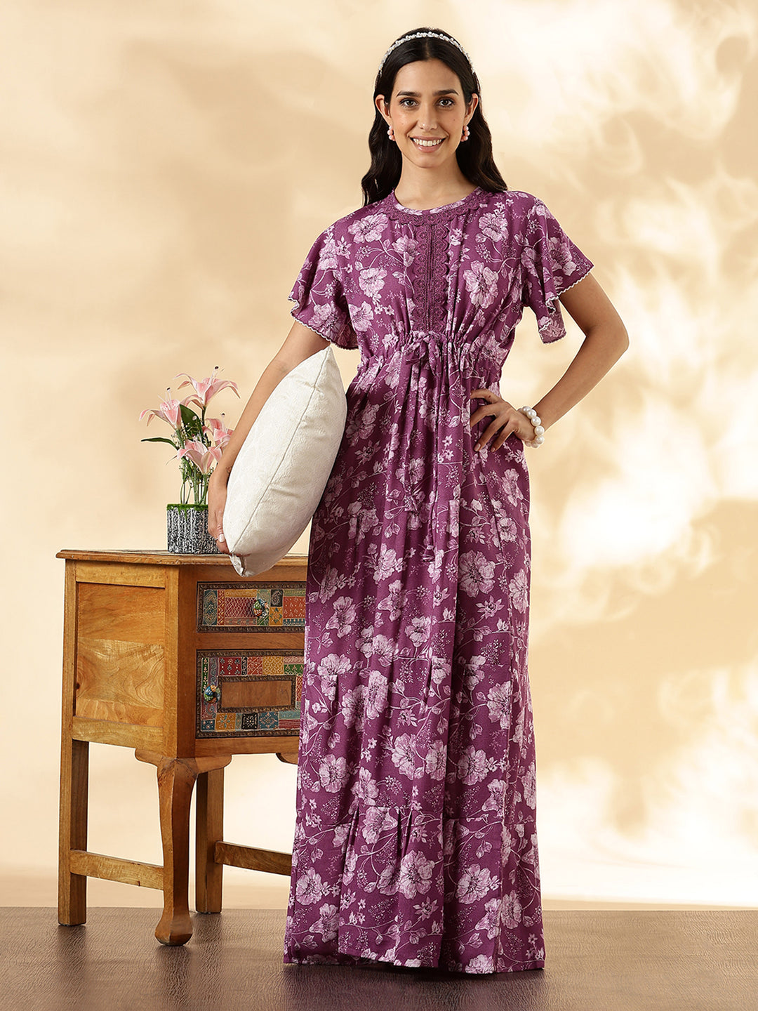 Orchid purple floral alpine frock style nighty for women