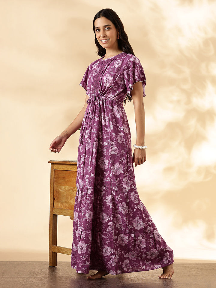 Orchid purple floral alpine frock style nighty for women