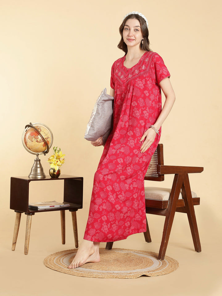 Soft crush cotton serene rose floral a line nighty for women