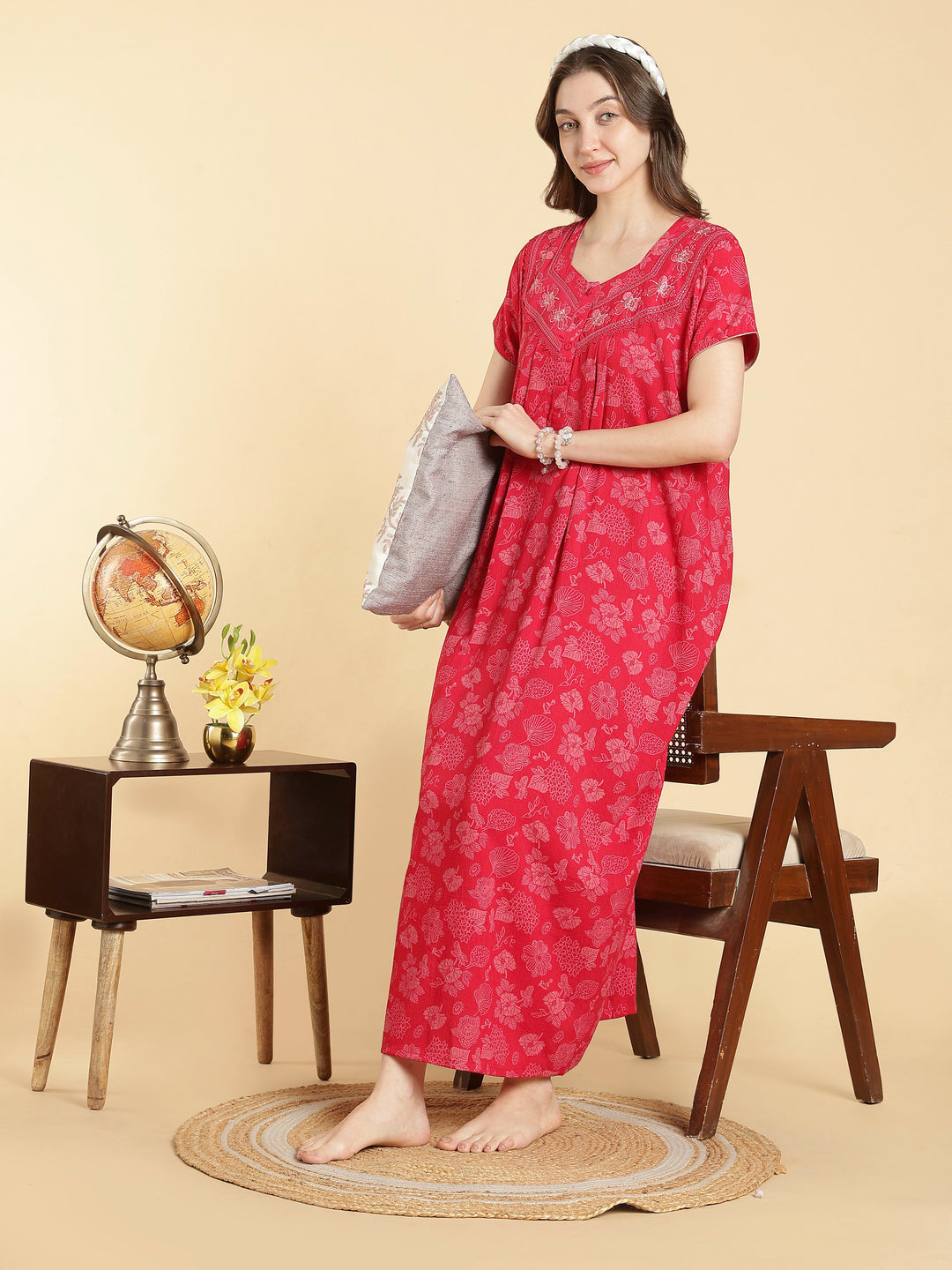 Soft crush cotton serene rose floral a line nighty for women