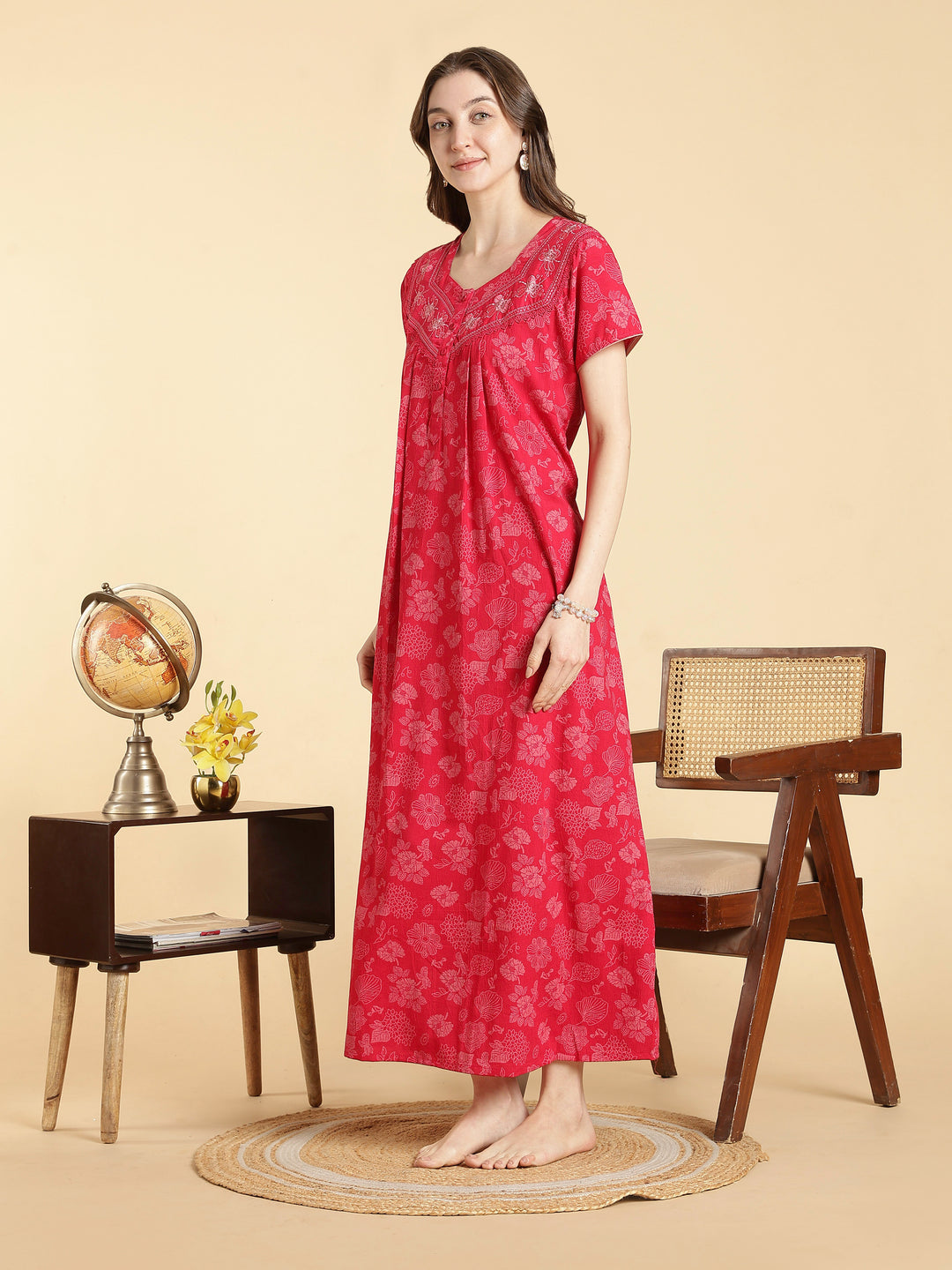 Soft crush cotton serene rose floral a line nighty for women