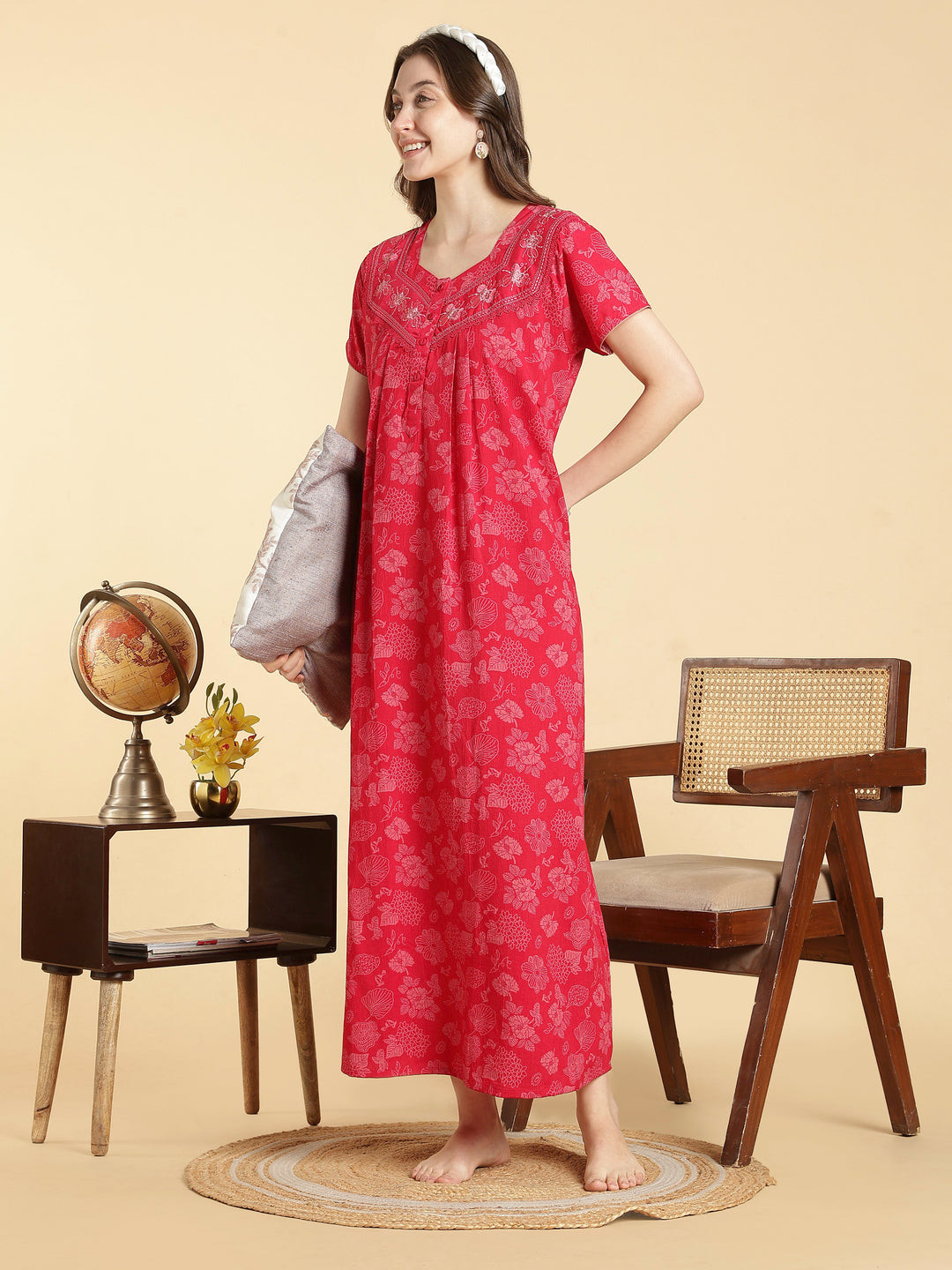 Soft crush cotton serene rose floral a line nighty for women