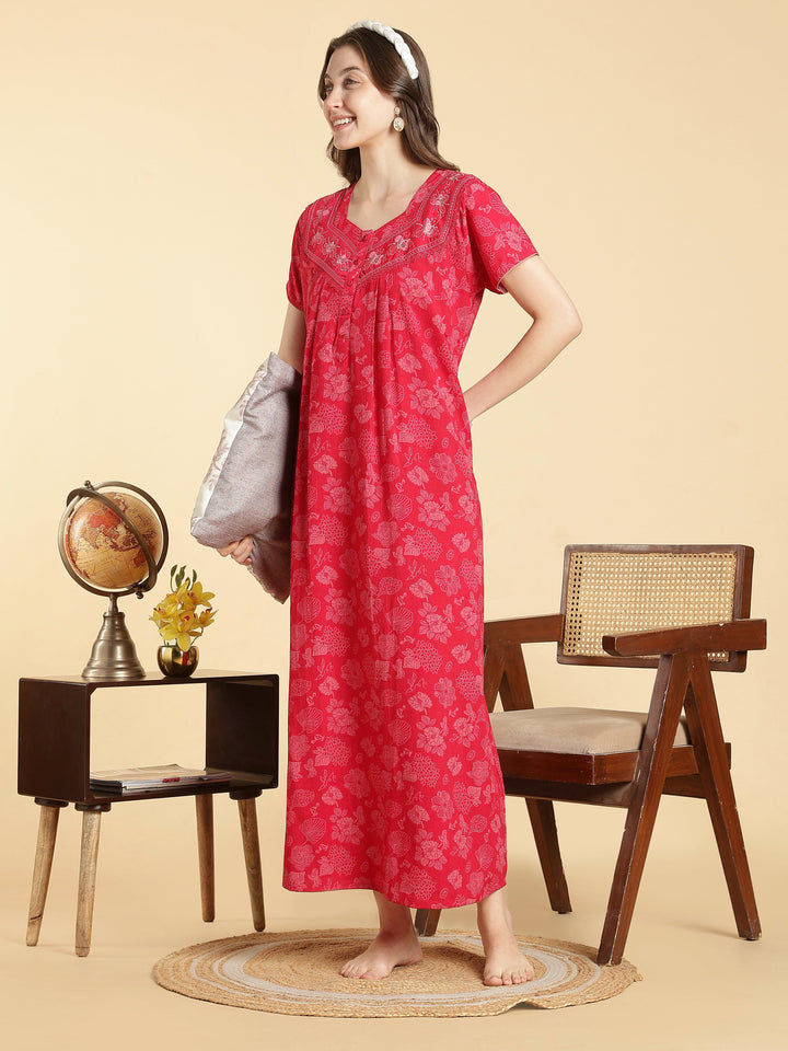 Soft crush cotton serene rose floral a line nighty for women