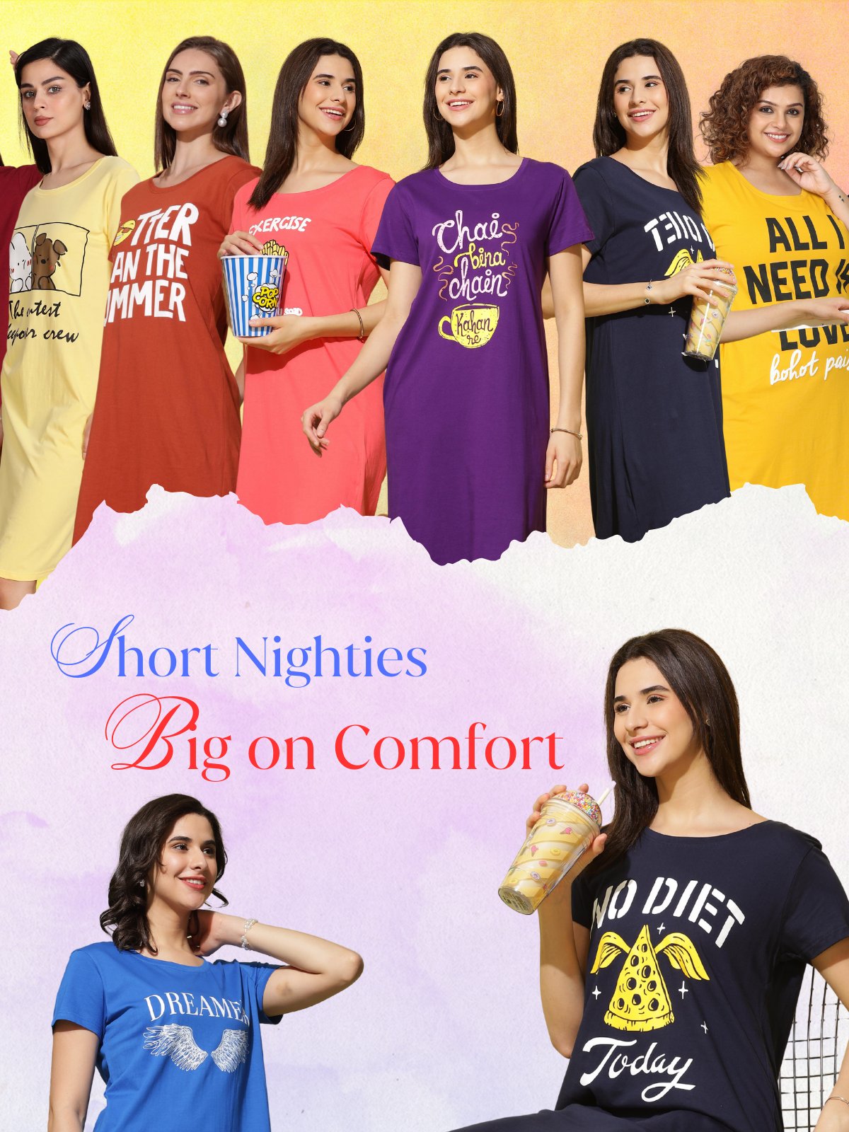 Trendy short nighties for women with graphic prints. Soft cotton fabric with a loose fit for maximum comfort. Perfect for lounging and casual wear.