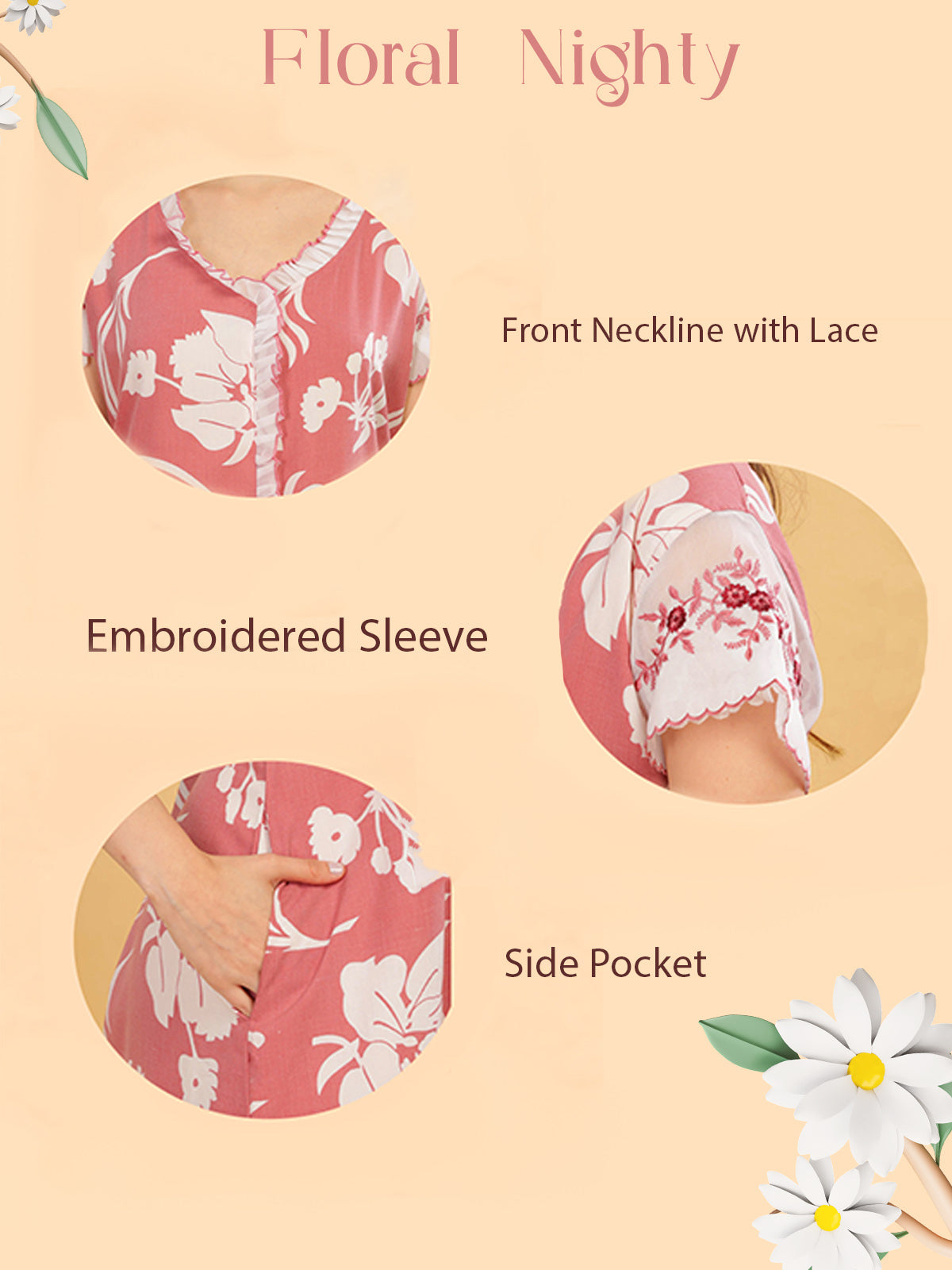 Summer floral nighty with lace neckline, side pocket, and embroidered short sleeve