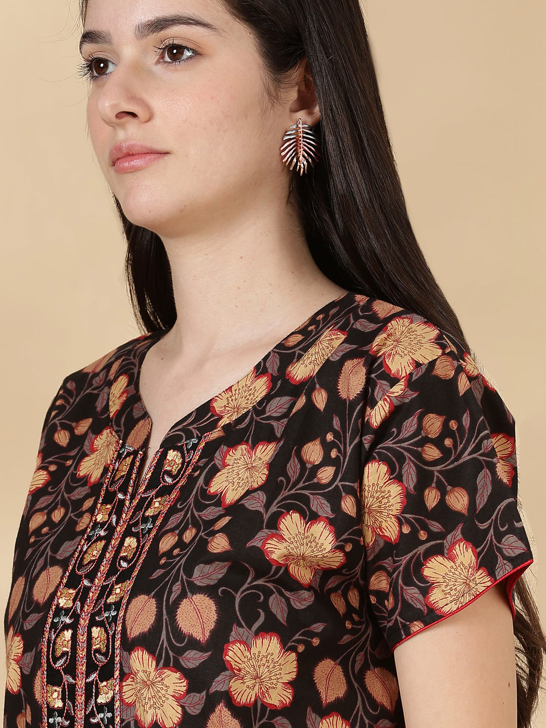 Black floral pure cotton soft nightwear for women