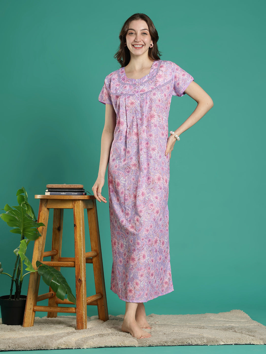 Light purple floral hakoba cotton viscose summer nightwear