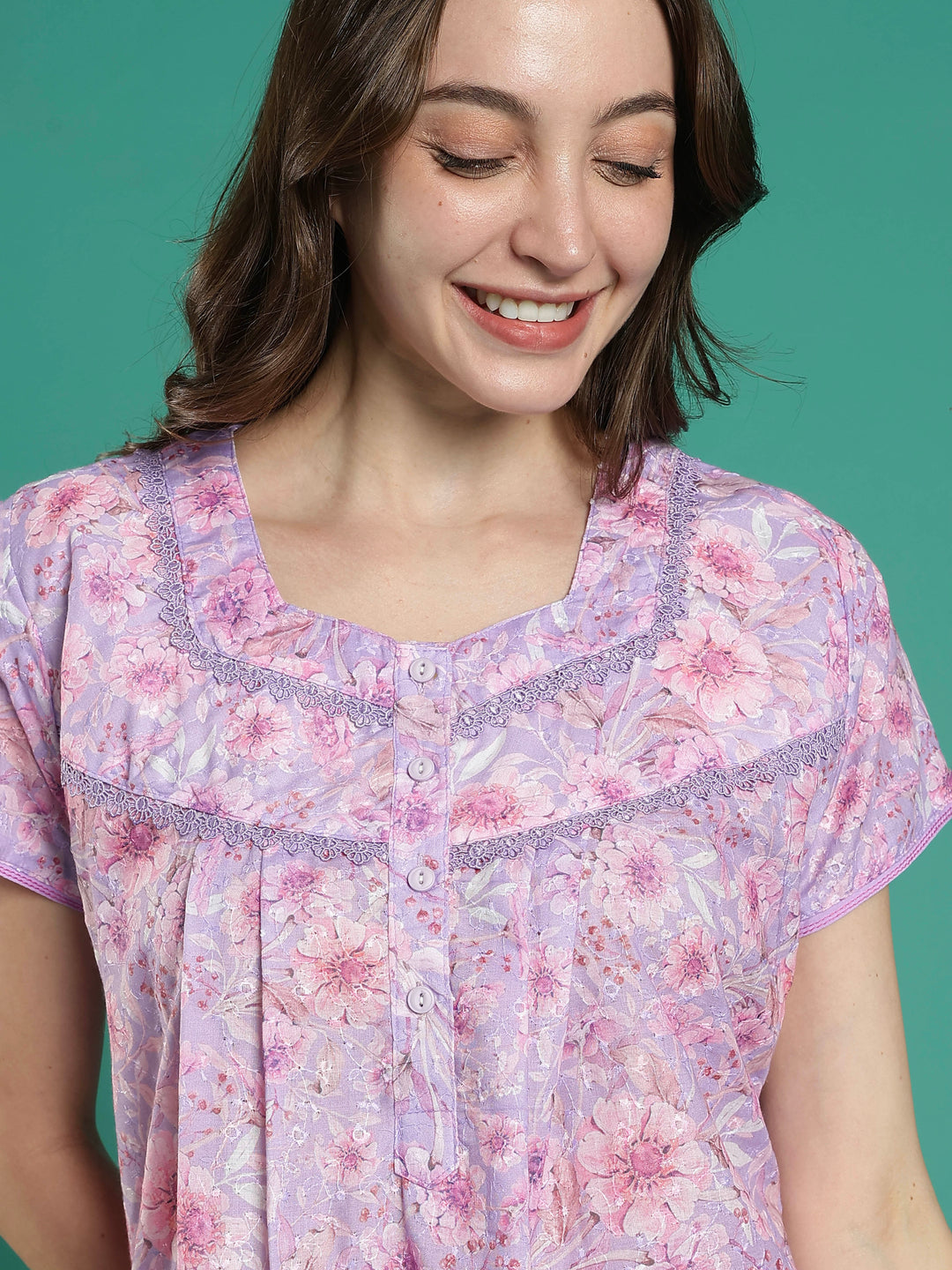 Light purple floral hakoba cotton viscose summer nightwear