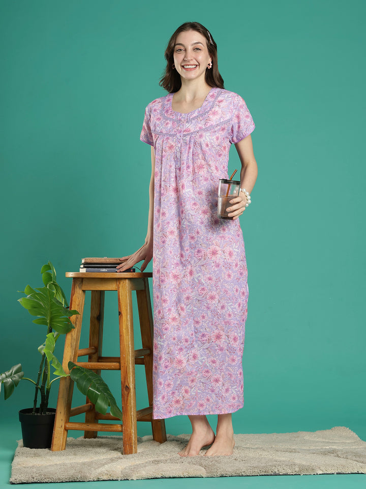 Light purple floral hakoba cotton viscose summer nightwear