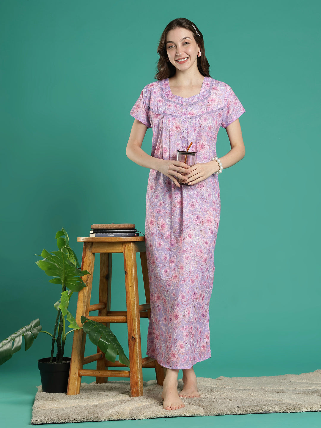 Light purple floral hakoba cotton viscose summer nightwear