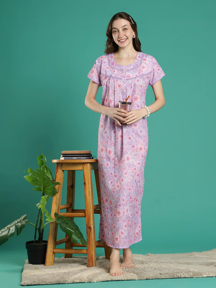 Light purple floral hakoba cotton viscose summer nightwear
