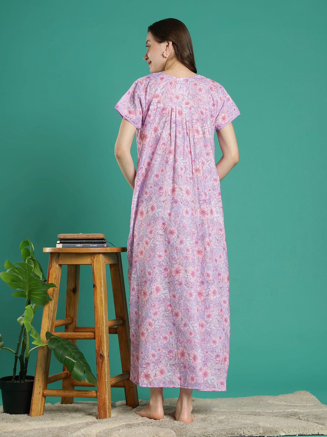 Light purple floral hakoba cotton viscose summer nightwear