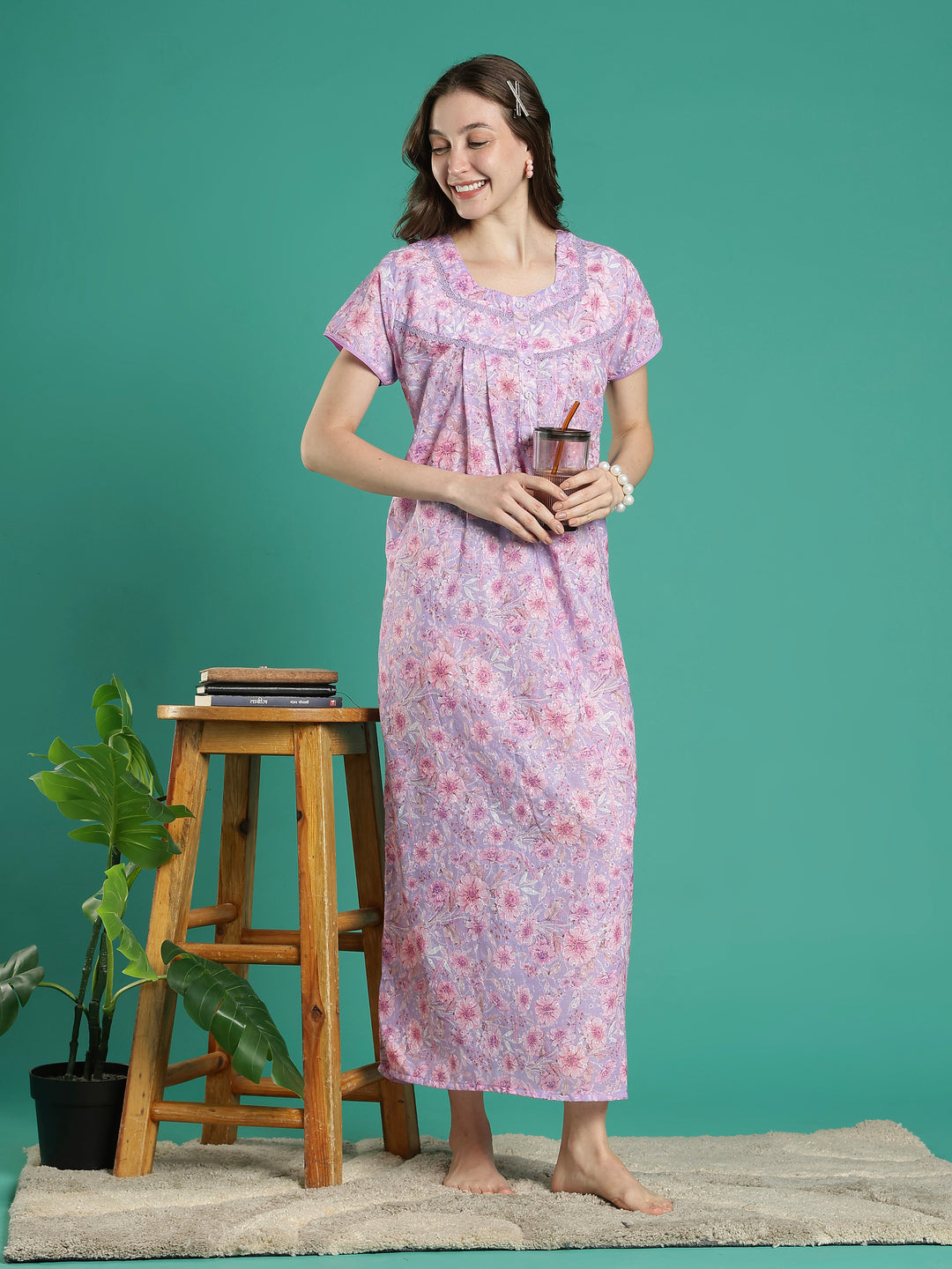 Light purple floral hakoba cotton viscose summer nightwear