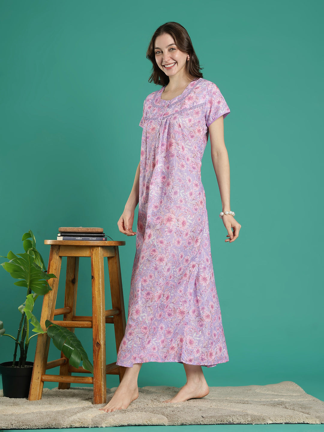 Light purple floral hakoba cotton viscose summer nightwear