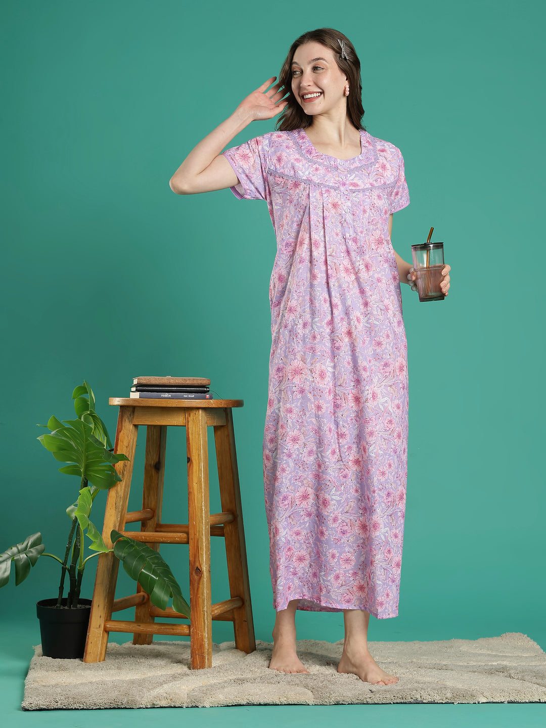 Light purple floral hakoba cotton viscose summer nightwear