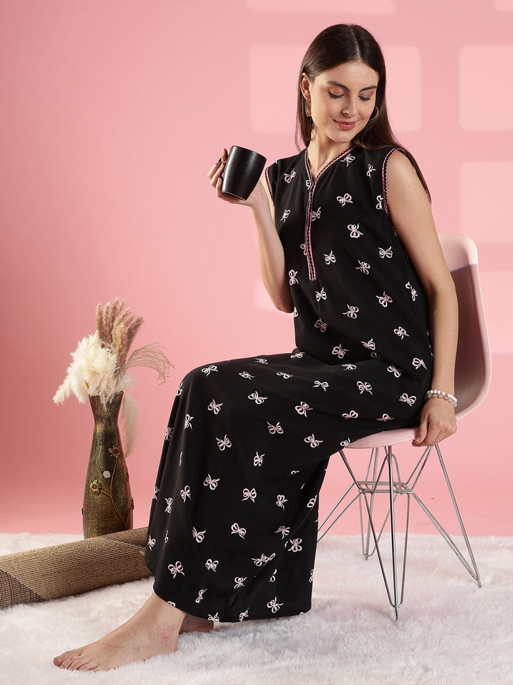 Noir bow print sleeveless summer nightwear for women