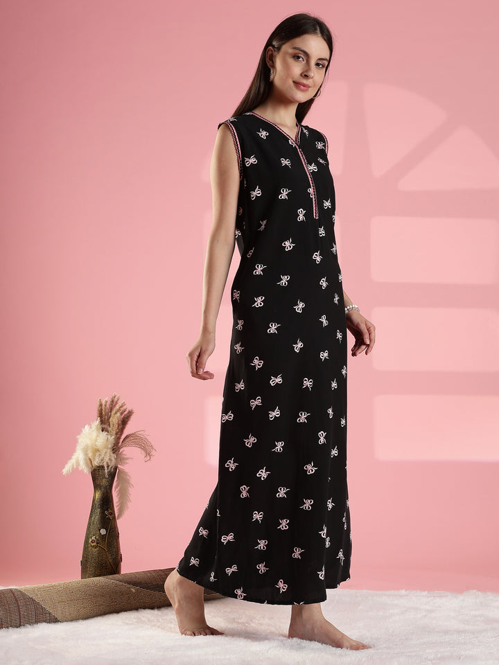 Noir bow print sleeveless summer nightwear for women