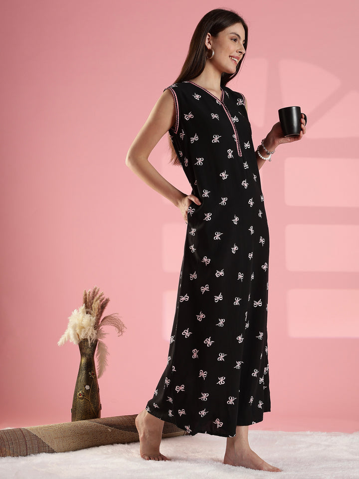 Noir bow print sleeveless summer nightwear for women