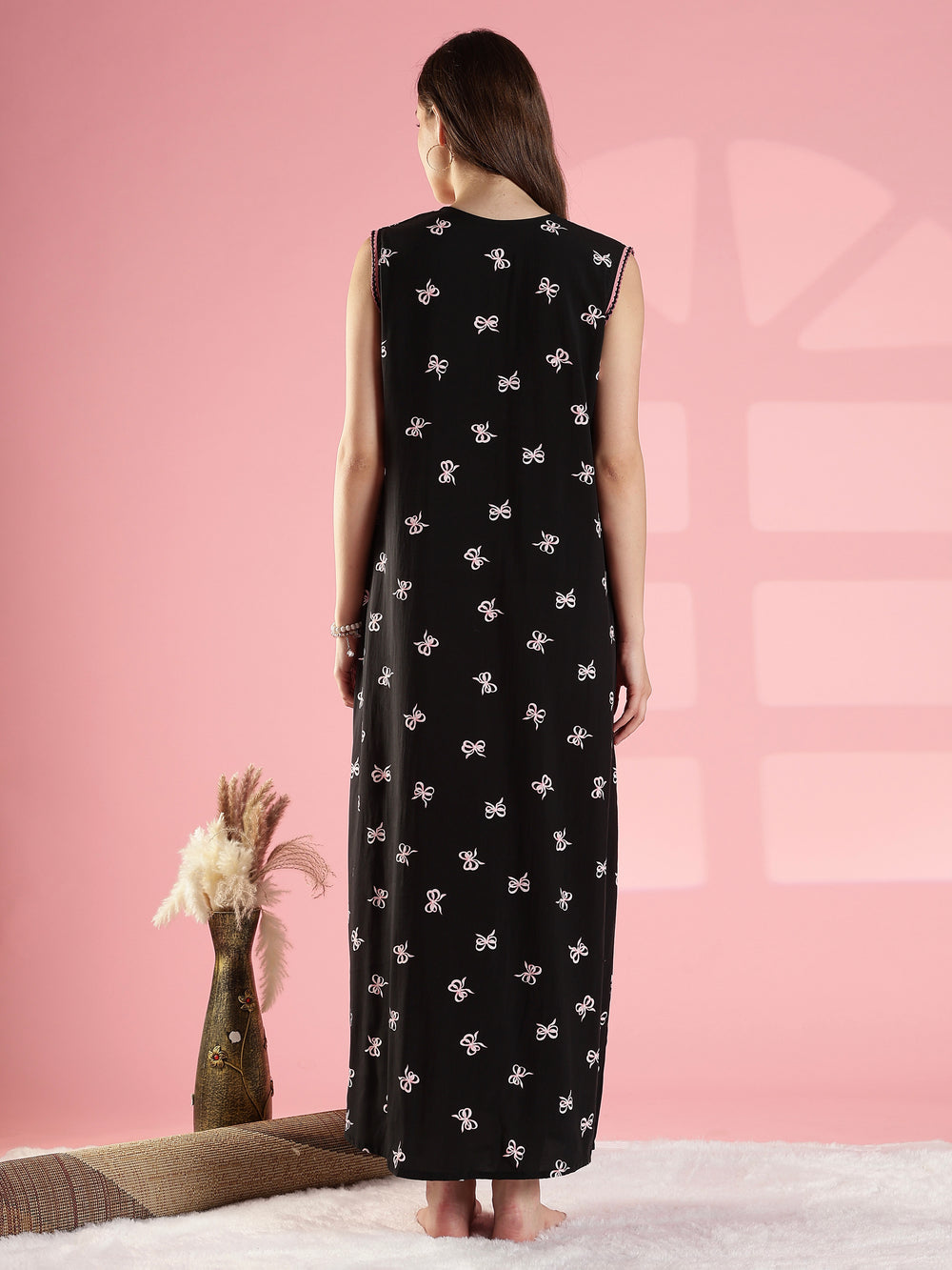Noir bow print sleeveless summer nightwear for women