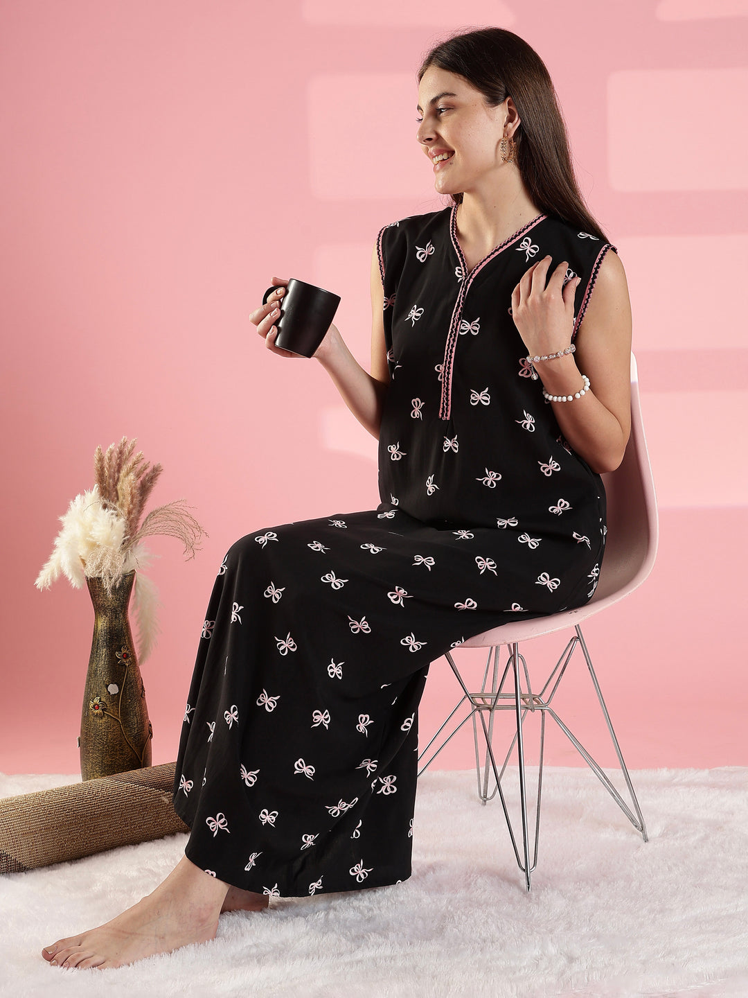 Noir bow print sleeveless summer nightwear for women