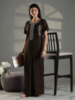 Olive Green Sadabahar Embroidered A Line Nighty in Alpine Fabric