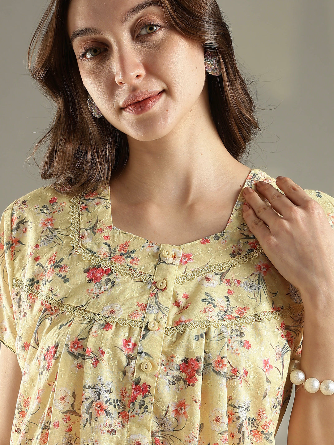 Yellow floral 100% pure cotton nighty for women for summer