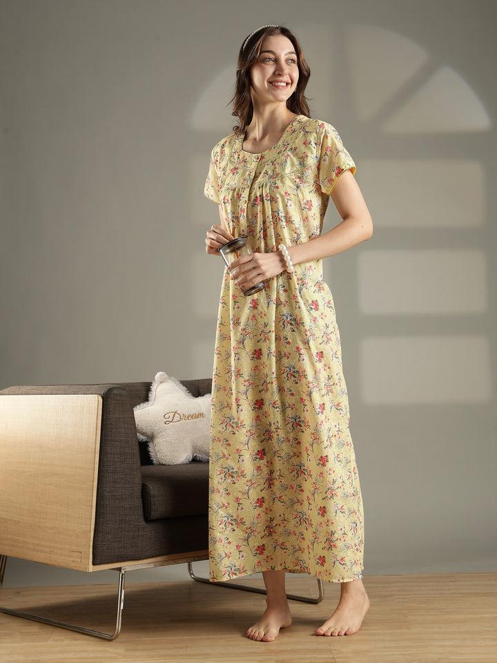 Yellow floral 100% pure cotton nighty for women for summer