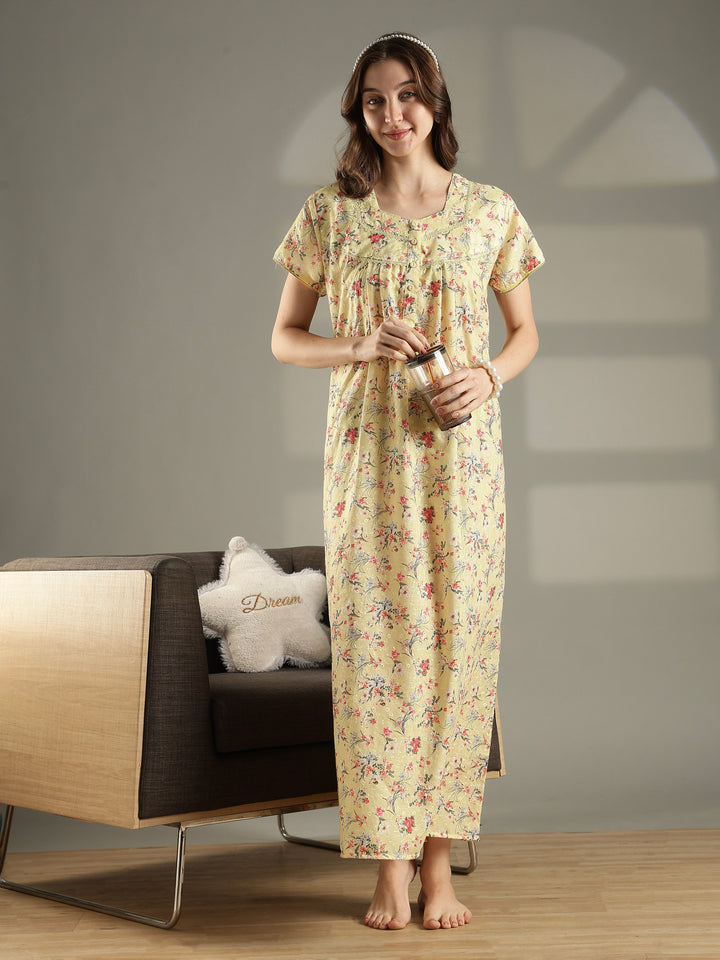 Yellow floral 100% pure cotton nighty for women for summer